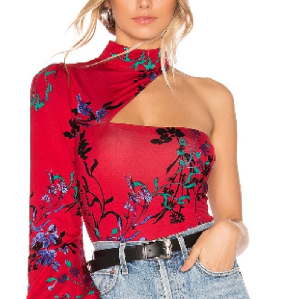 House of Harlow 1960 Red Floral One-Shoulder Bodysuit